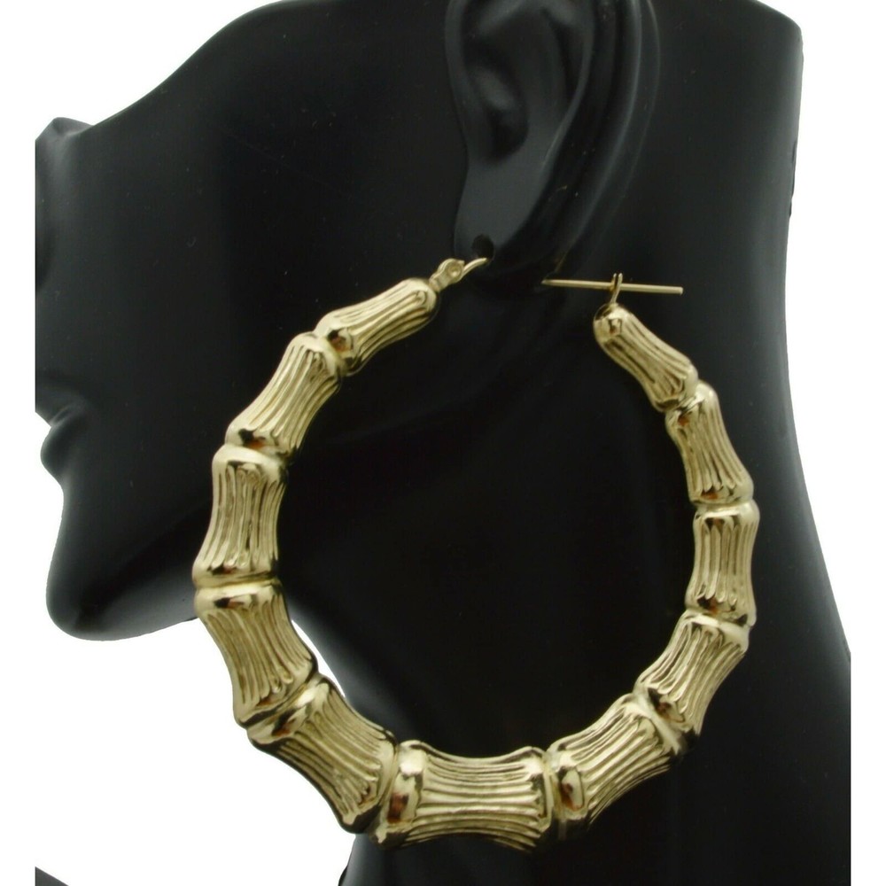 REAL 10K Yellow Gold 2 1/4 " 60mm Large Graduated Bamboo Hoop Earrings